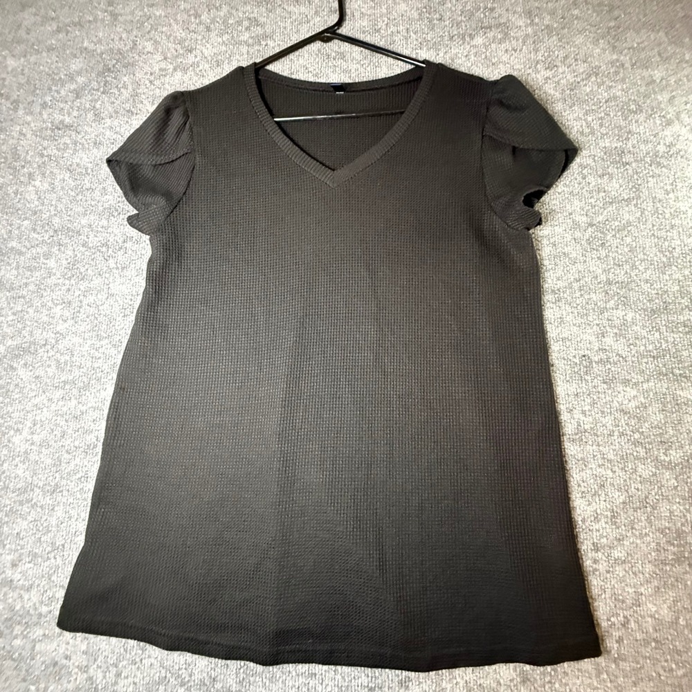 Iwollence Womens XL Black Waffle Knit V-Neck Petal Sleeve Casual Top T-Shirt
